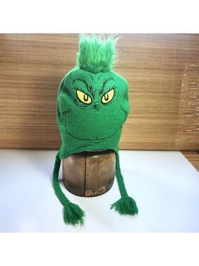 The Grinch Beanie Hat Green Knit Fleece Lined Braids Unisex One Size Dr Seuss